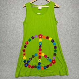 Vintage Platinum Peace Sign Dress Lime Green Floral Appliqué NWT Boho